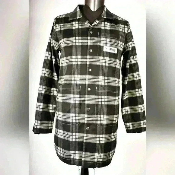 PUMA x RHUDE Black White Check Cotton Stretch Velvet Long Raincoat Jacket  Small - Picture 1 of 12